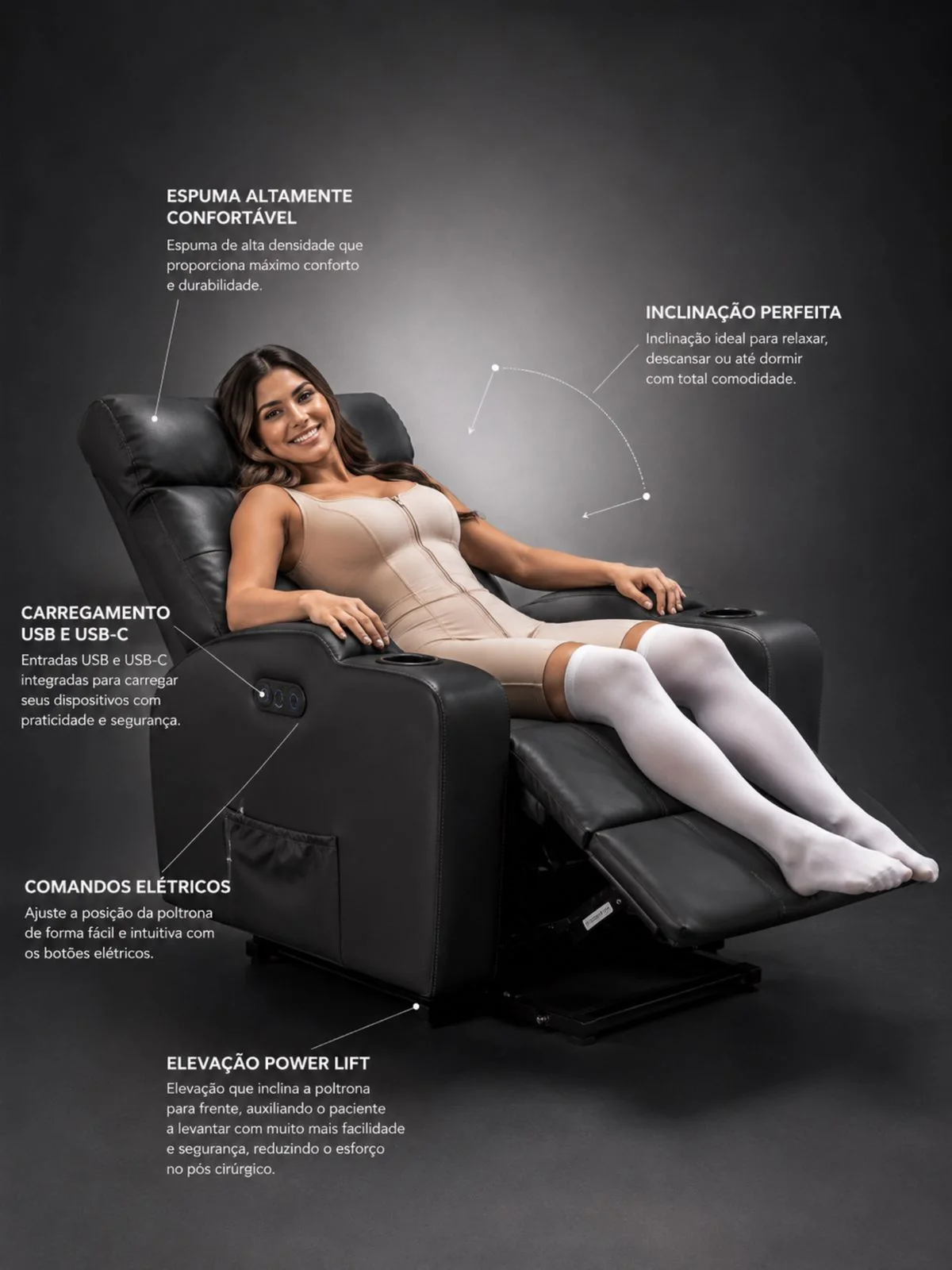 Paciente reclinada na poltrona American, com destaque para espuma, inclinação, carregamento USB, comandos elétricos e elevação Power Lift